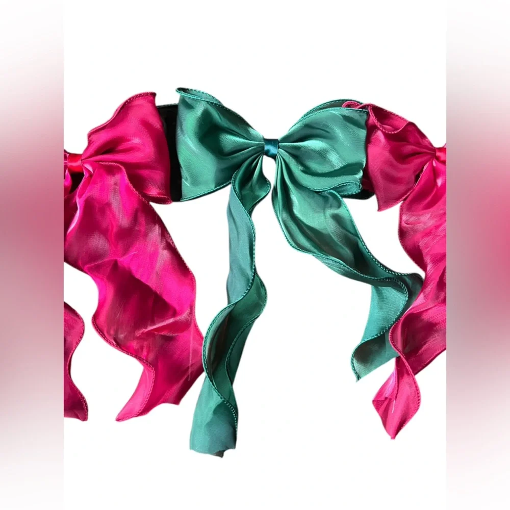 Holiday/Christmas Burgundy & Green Chiffon wired bow garland 55” length
